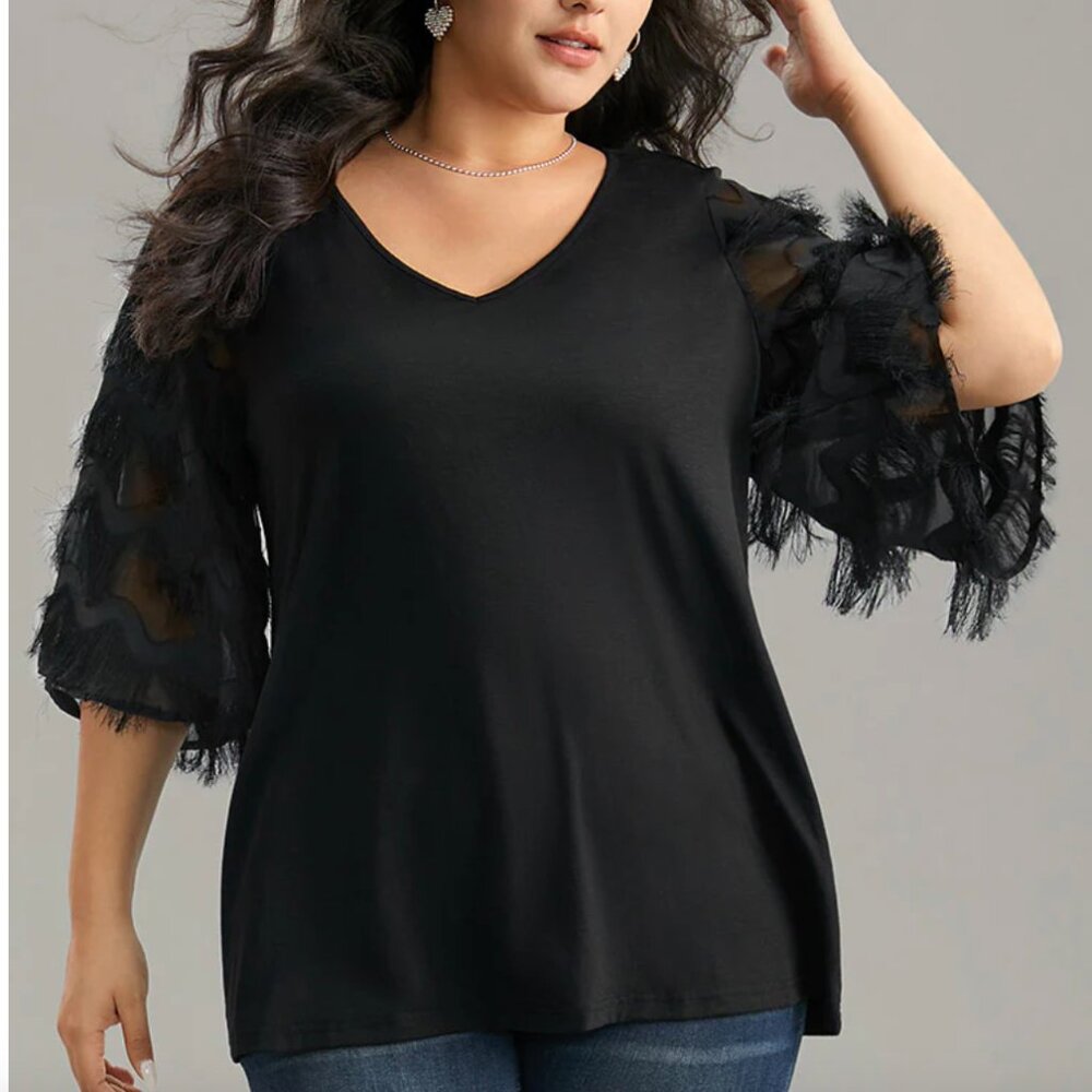 (NWT) Bloomchic - Solid Textured Tassel Trim Ruffle Sleeve T-Shirt